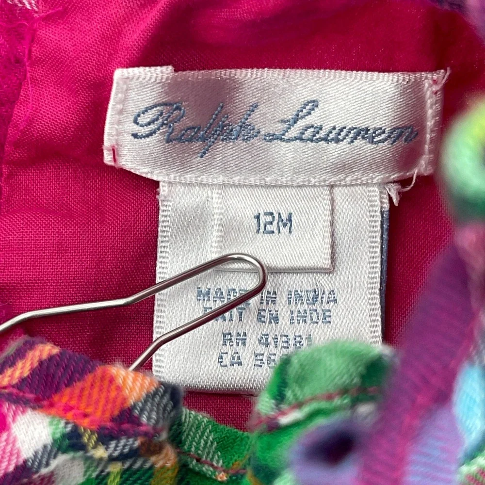 Ralph Lauren Girls Plaid Ruffle Dress Long Sleeve Pink‎ Green 12M